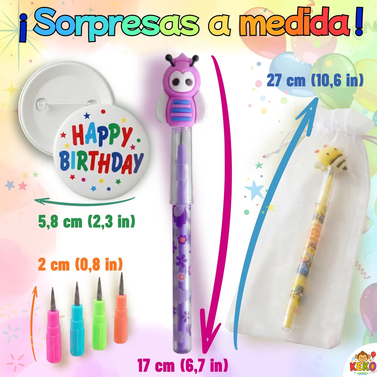 KeKo Pack 30 Lapices Apilables de Punta Intercambiable, 30 Bolsa,1 Chapa Cumpleaños,Regalos Cumpleaños Niños Colegio,Detalles Cumpleaños Niños,Regalitos para Invitados Infantiles,Detalles para Regalar