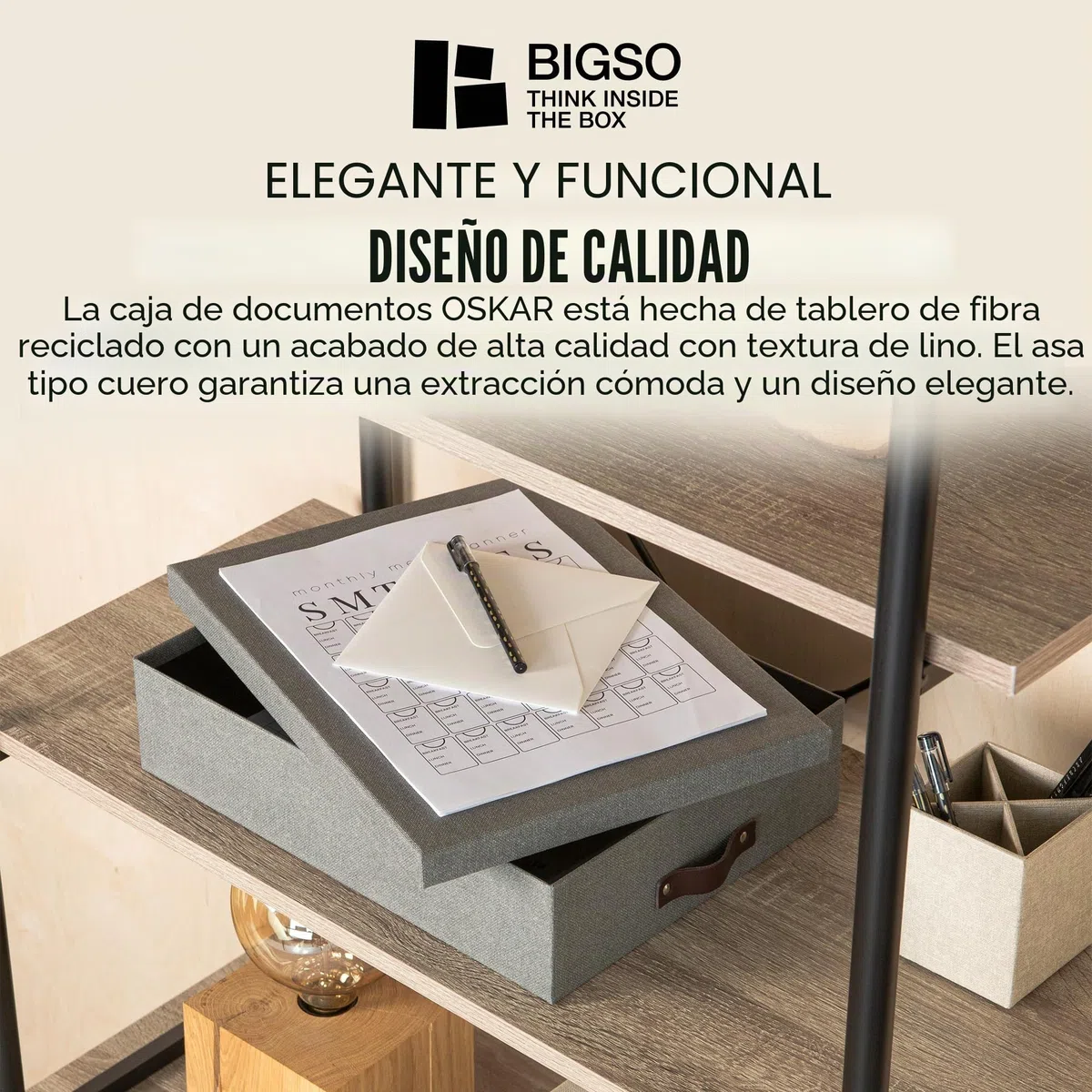 Bigso Box of Sweden Caja de almacenaje con tapa para folios A4, folletos, etc. – Organizador de documentos con asa – Organizador de escritorio de tablero de fibras y papel con aspecto de lino – gris