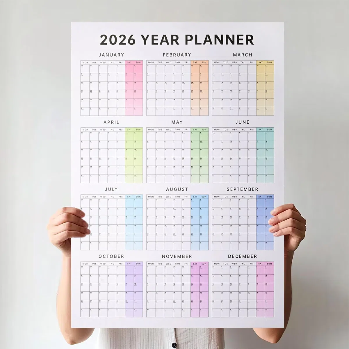 Calendario anual de pared 2026, calendario de pared anual 2026, 29.5 x 20.8 pulgadas (abierto), papel vertical de año completo, planificador mensual familiar para organización y planificación