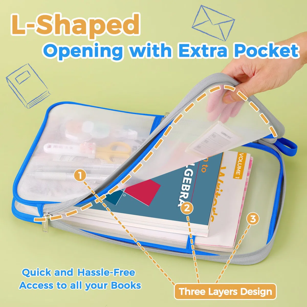 Bolsa de malla para documentos Lefancy de nylon con cierre, tamaño A4, para viajes, estudiantes, tareas, suministros de oficina, azul