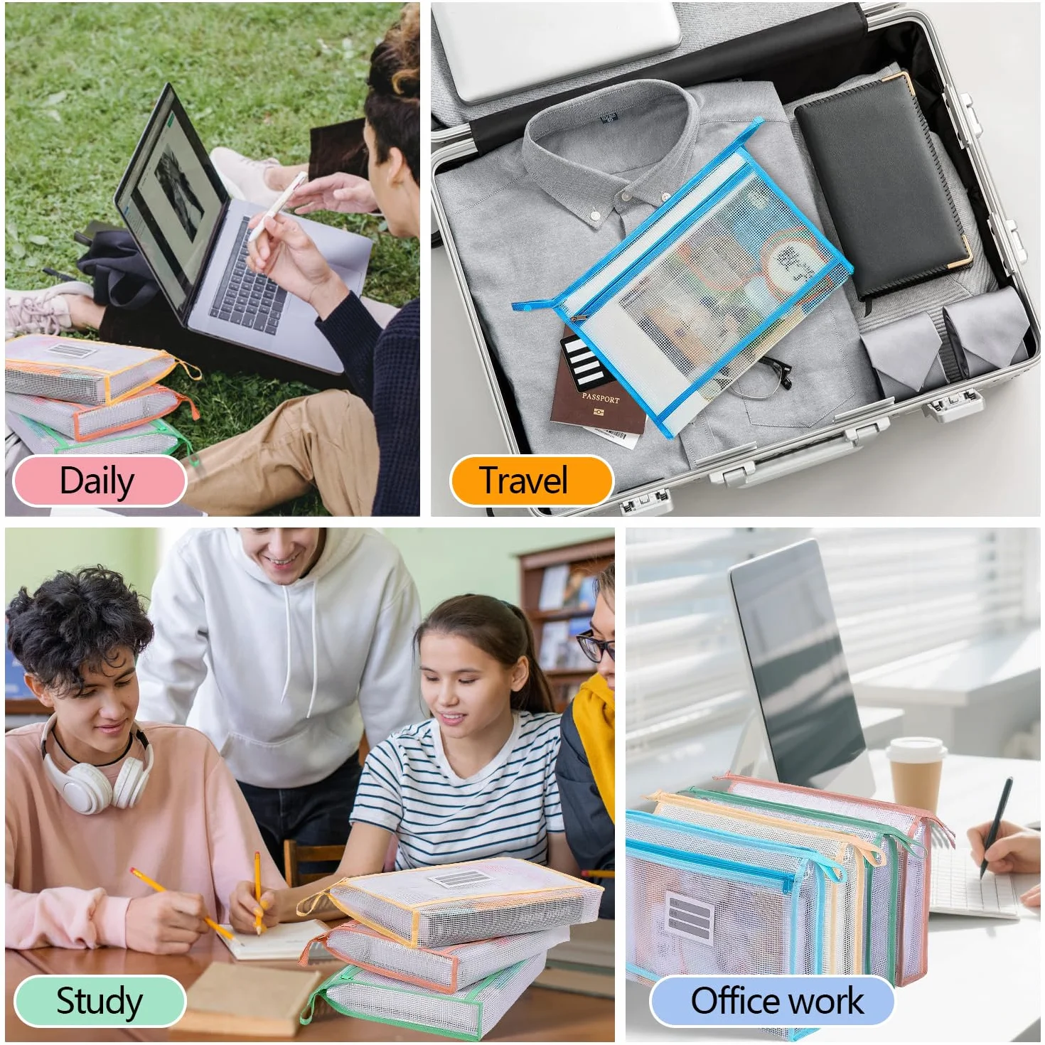 4 Piezas Juego de Bolsas Zip de Doble Capa de EVA, Bolsas con Cremallera Impermeable, Bolsa Zip A4 de Gran Capacidad para Guardar Documentos, Libros y Mucho Más (34 x 24 x 5 CM)