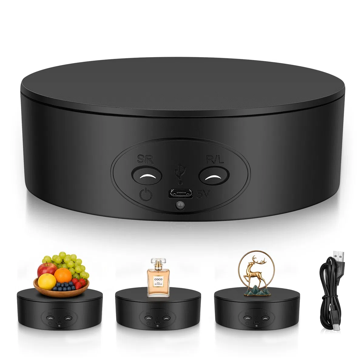 Plataforma Giratoria Eléctrica, Base Giratoria Eléctrica de 360 Grados (13 cm, 5 kg). Mesa para Fotografía de Productos, Exposiciones, Juguetes y Joyería. Alimentación por Batería o USB