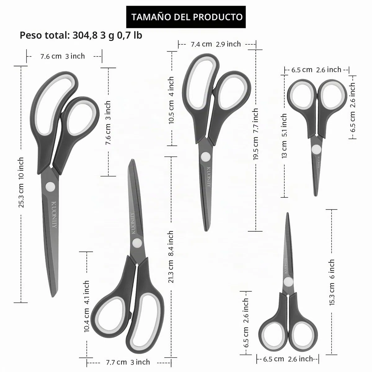 KUONIIY Tijeras, Hoja Recubierta de Titanio Súper Afilada, Conjunto de 5 Tijeras Multiusos con Mango Suave y Cómodo, Negro