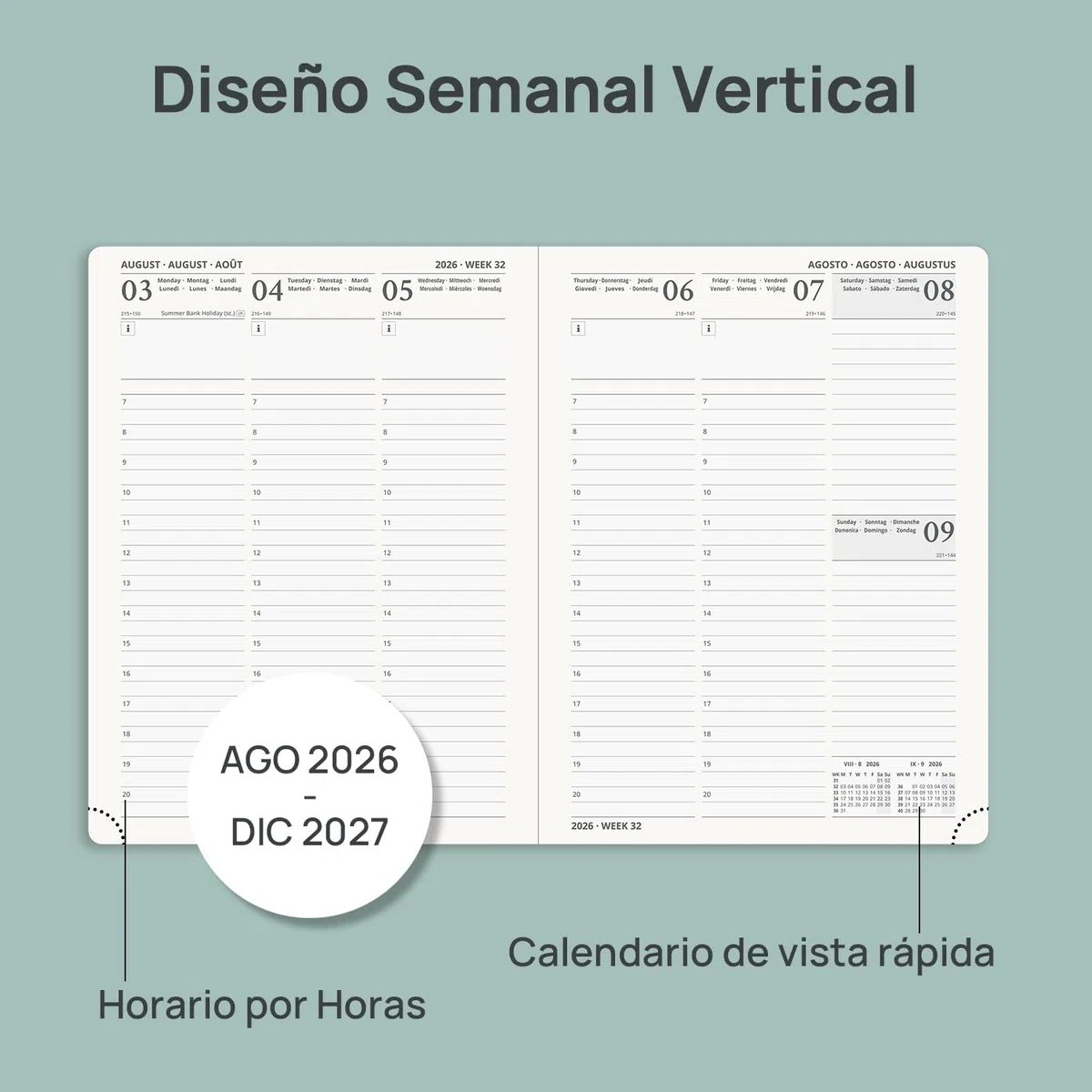 POPRUN Agenda 2026 2027 Semana Vista 22,5 x 16,5 cm, Semanal 17 Meses de Ago.2026 a Dic.2027, Tapa Blanda en Cuero Vegano, Porta Boligrafos Autoadhesivo, 80 GSM Papel, Azul