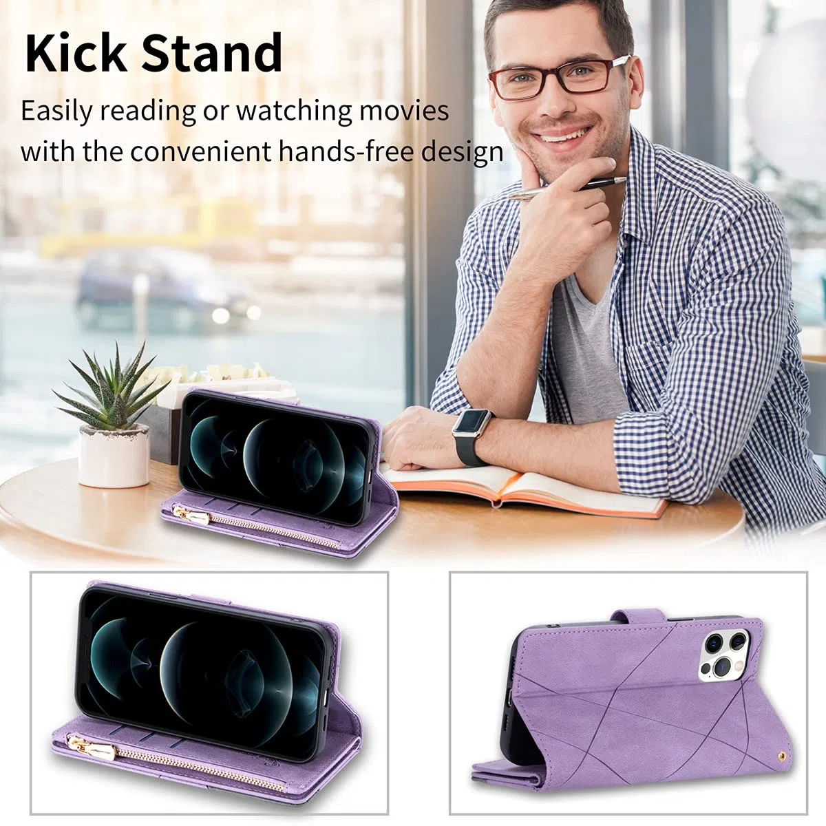 UEEBAI Estuche para iPhone 13 Pro 6.1 Inch, Cartera con Correa de Mano Cuero PU Funda Tapa Retro a Prueba de Golpes con 9 Ranuras para Tarjetas Función de Soporte Bolso Magnético - Diamante Violeta