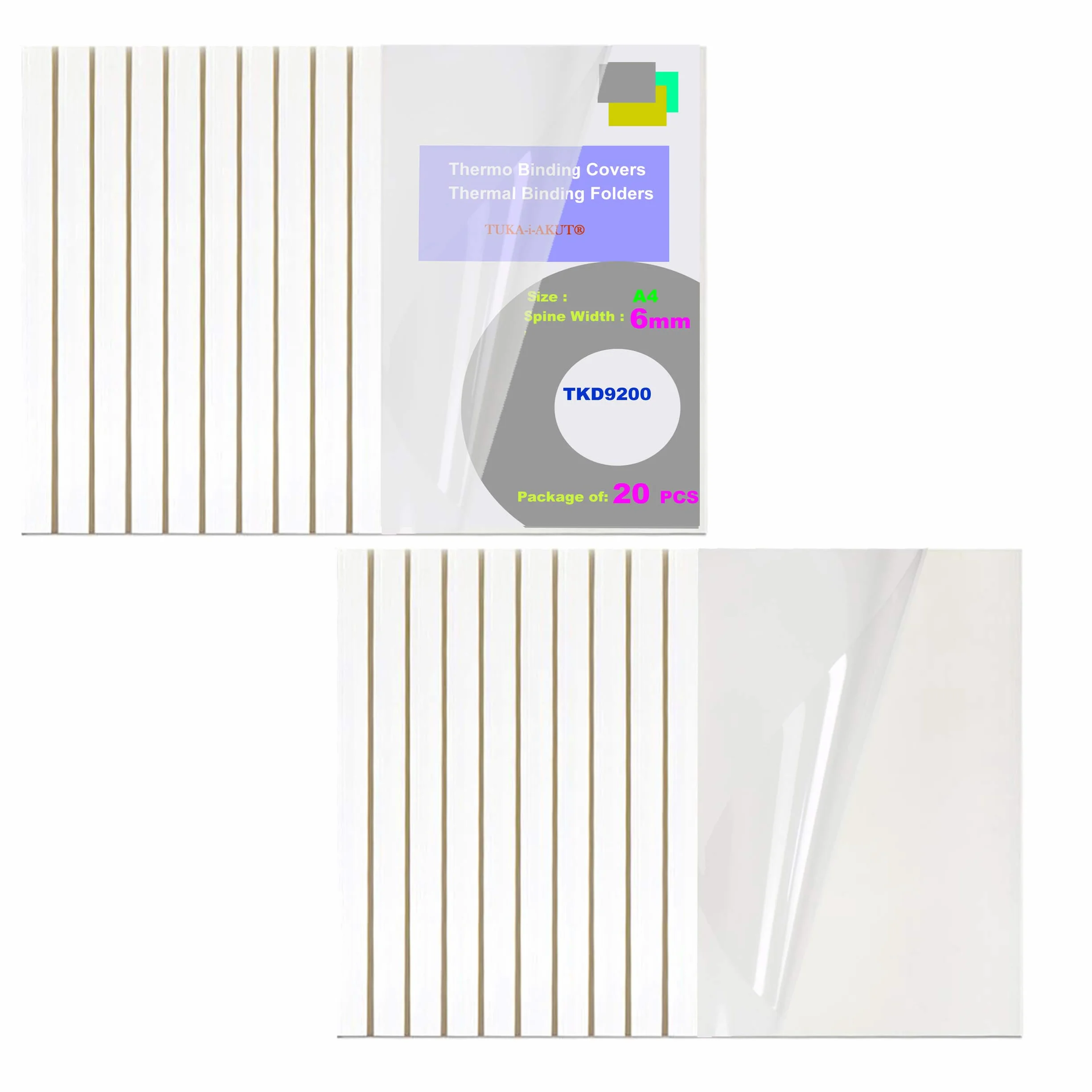 TUKA 20x A4 Carpetas Térmicas de 6 mm (Capacidad 60 Hojas), Fundas para Encuadernación Térmicas, Frente Transparente, Cubierta de Encuadernación Térmica, Paquete de 20, Blanco, TKD9200-A4-white-20x