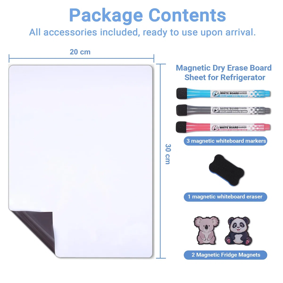 Pizarra blanca magnética para nevera 30 x 20 cm – Tablero blanco borrable en seco con 3 rotuladores y 1 goma, organizador y planificador para cocina, oficina y escuela