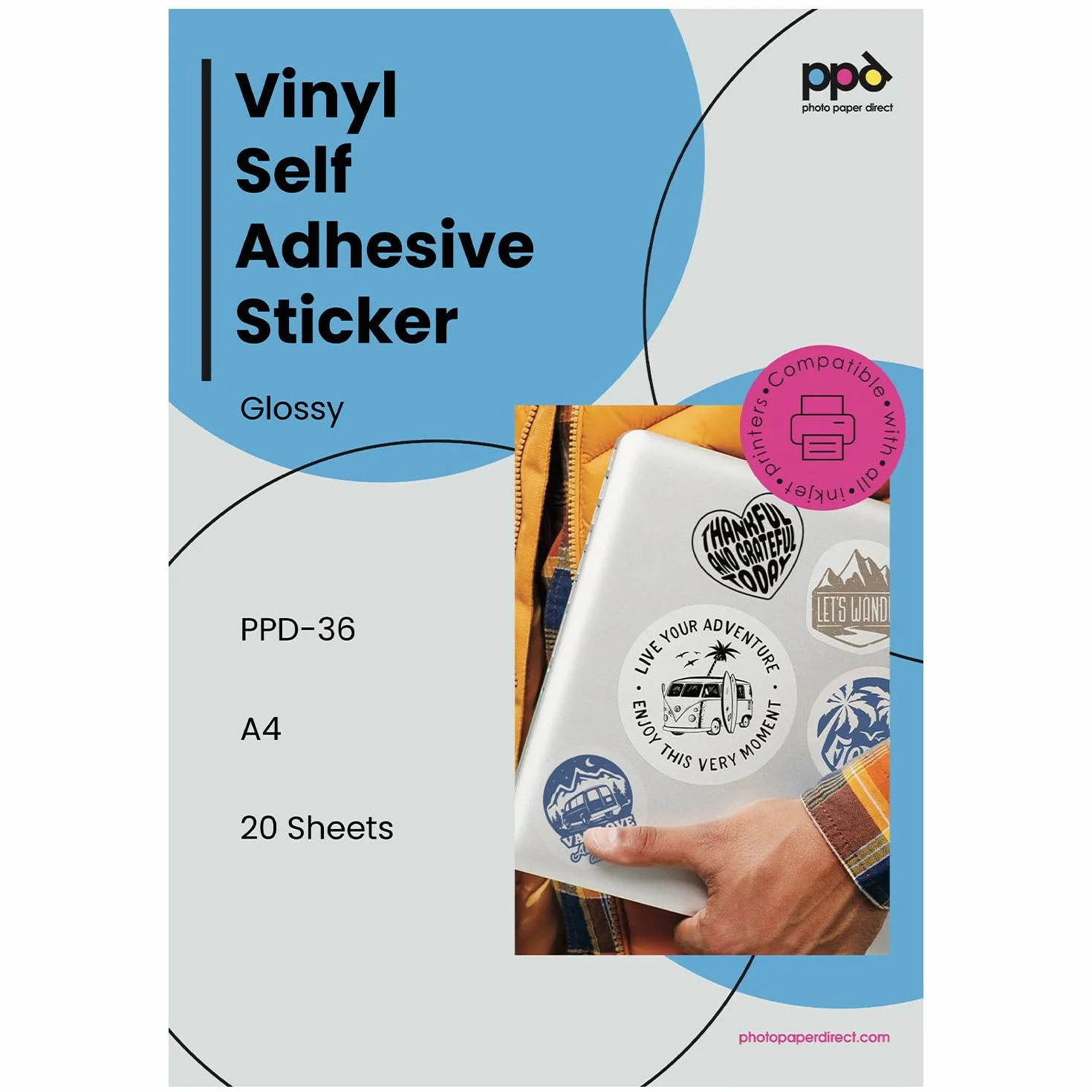 PPD A4 x 20 Pegatinas de Vinilo Autoadhesivo Brillante Imprimibles de Grado Comercial - Secado Instantáneo y A Prueba de Desgarro - Para Impresora de Inyección de Tinta Inkjet - PPD-36-20