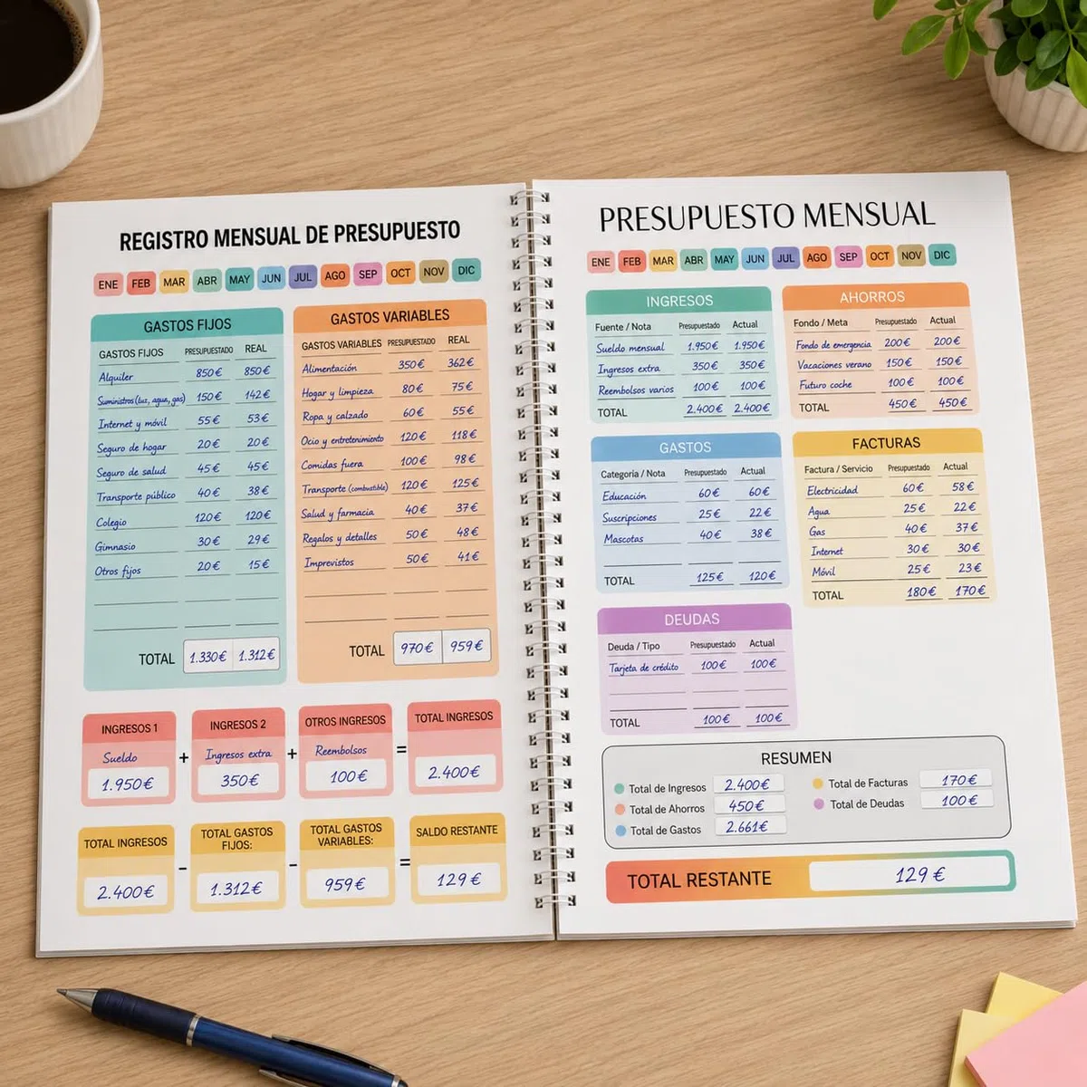 Planificador de Presupuesto Mensual A4 con Espiral, Cuaderno de Finanzas Personales, 50 Páginas a Doble Cara para Control de Gastos, Ingresos y Ahorros