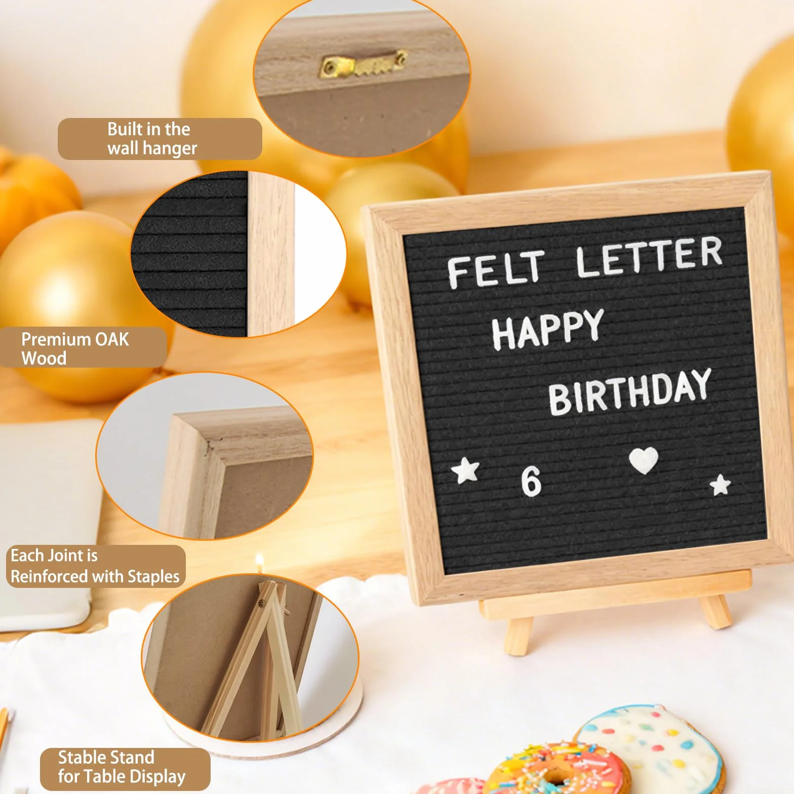 Tablero de letras de fieltro, 25 x 25 cm, Letter Board Retro, 340 Caracteres, Marco de Madera, para Citas, Notas y Anuncios, Tablero de Mensajes, Pared y Mesa (Negro)