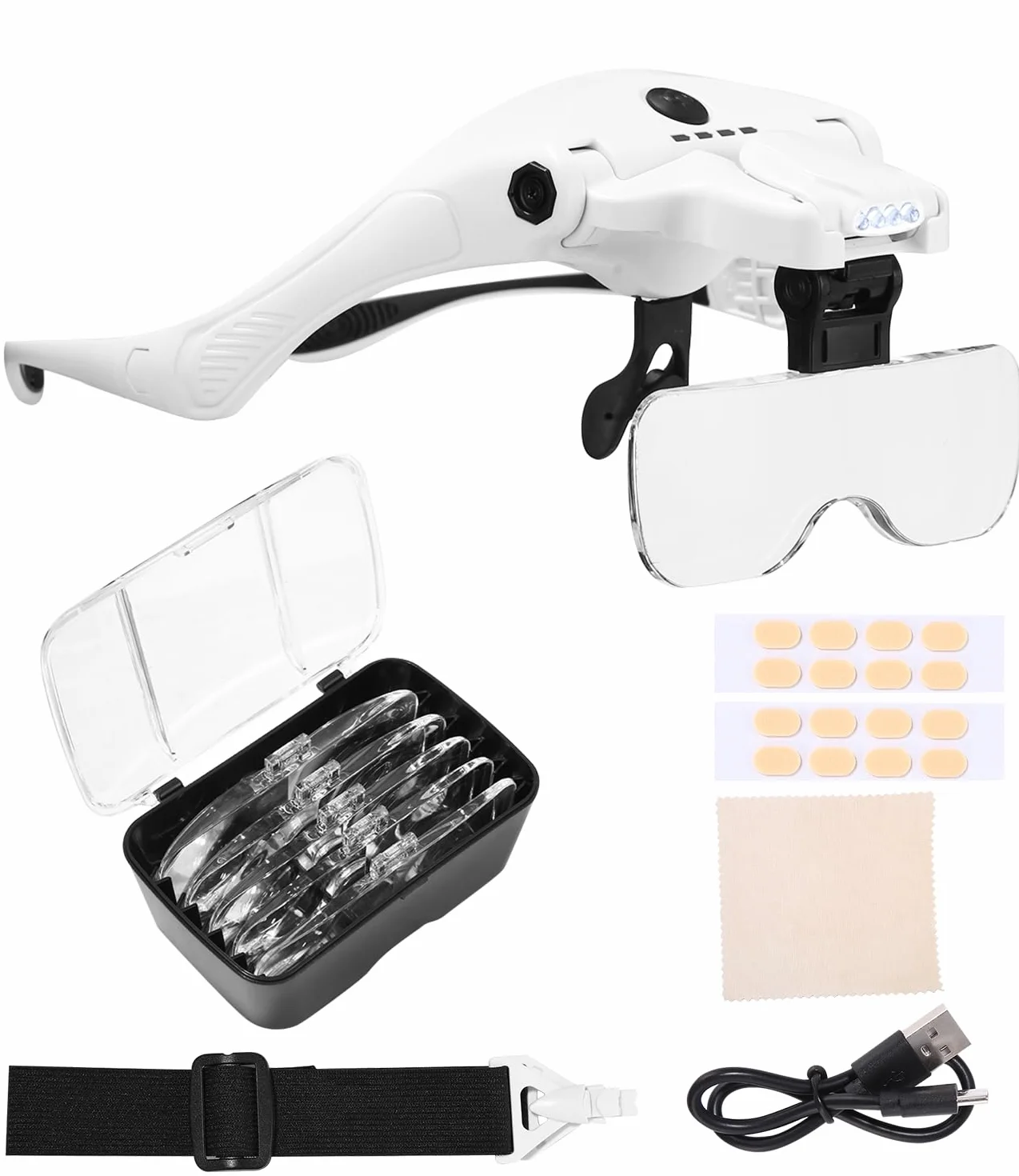 PERMUST Gafas de lupa con luz, gafas de aumento, carga USB con 4 luces LED y 2 lupas de brillo ajustables para usuarios de gafas, lupa para la cabeza, 5 lentes 1,0 x 1,5 x 2,0 x 2,5 x, 3,5 x v
