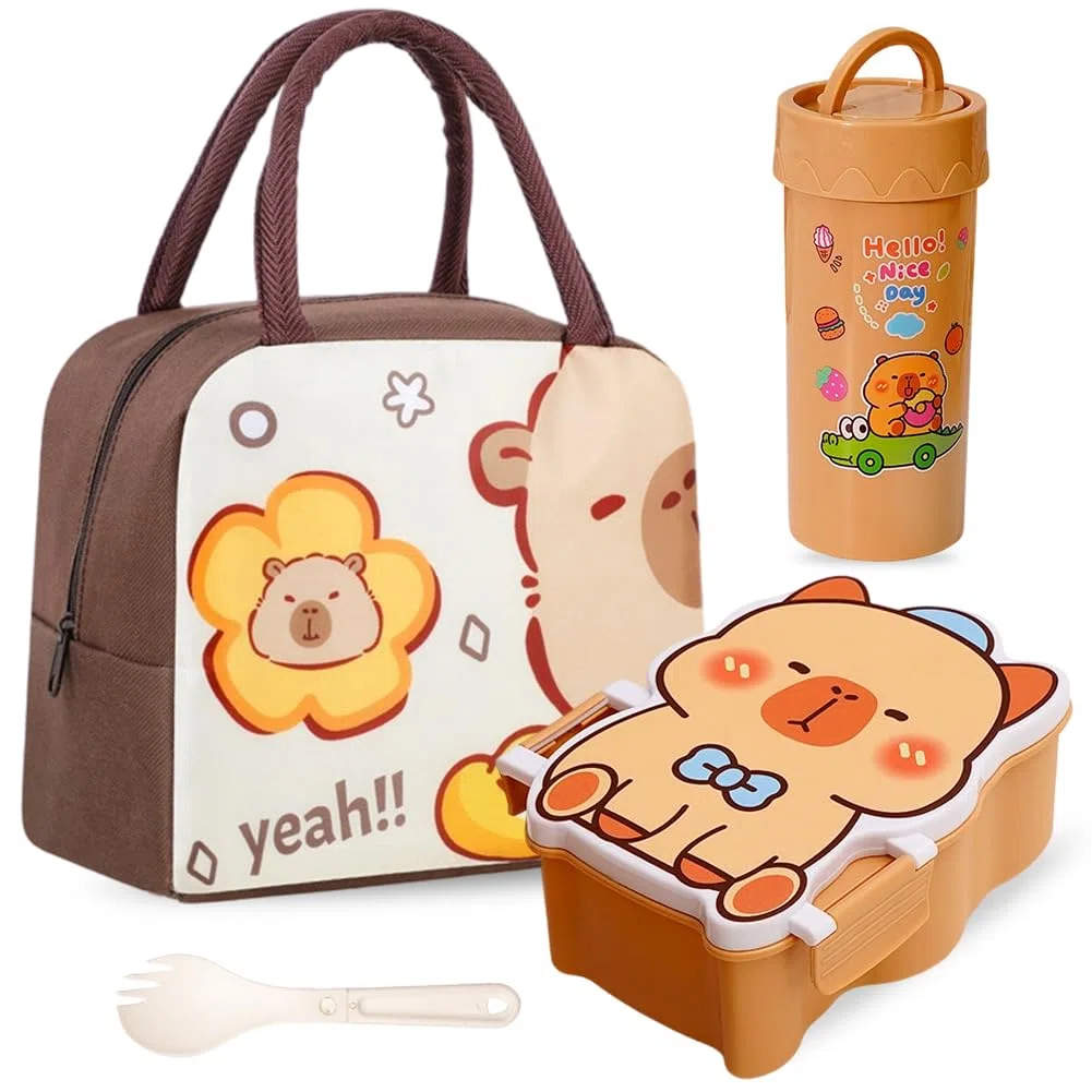 Capybara Bolsa De Almuerzo Para Niños y Fiambrera Para Niños Con Botella,Animales De Dibujos Animados Lunch Bag Reutilizable Con Aislamiento Para Viajes Picnic Escuela