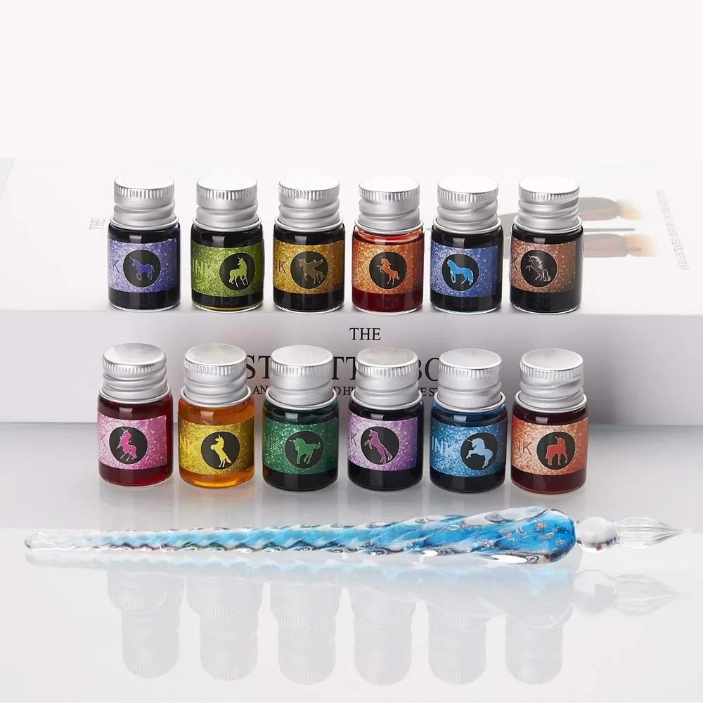 mancola Juego de tinta de cristal hecho a mano con 12 tintas coloridas para arte, firmas, caligrafía, dibujo, decoración, regalo MA-13
