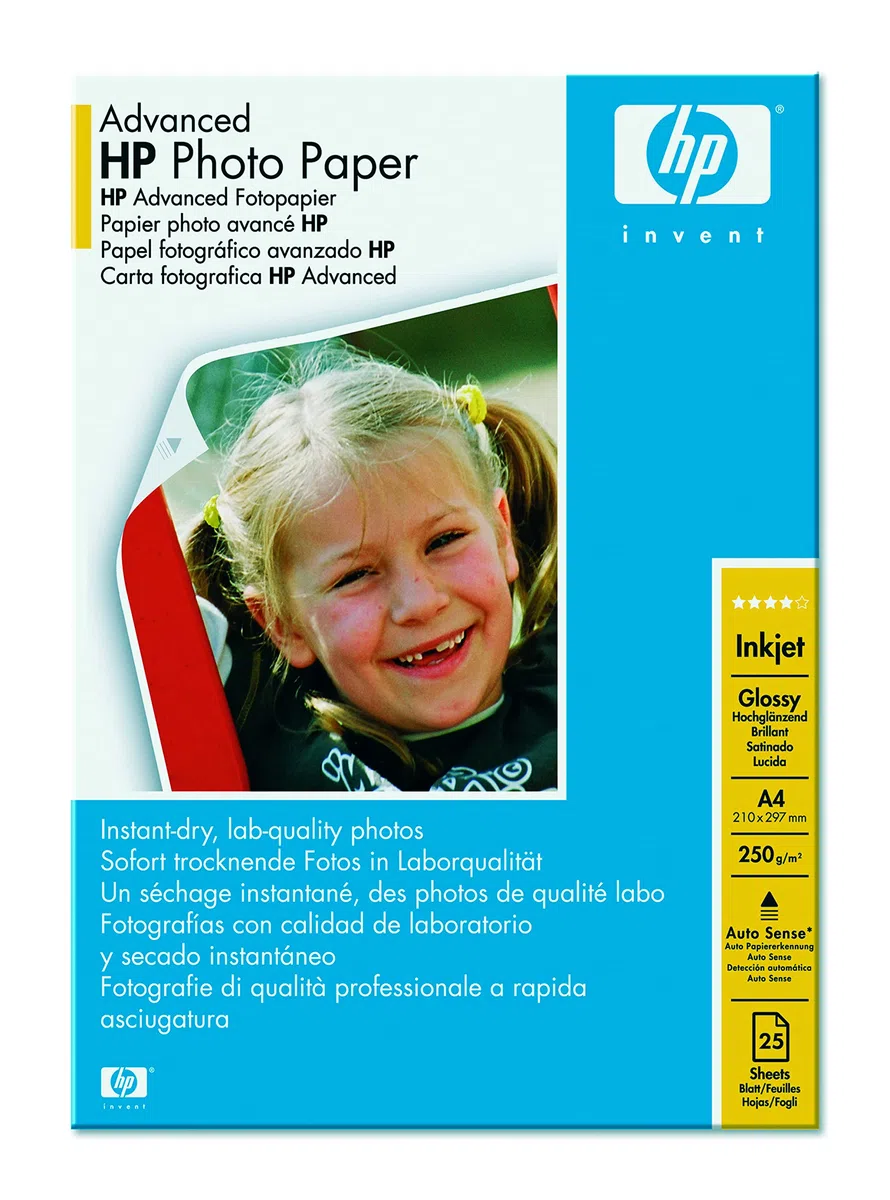 HP Advanced Glossy Photo Paper, Q5456A, 25 Hojas de Papel fotográfico Satinado avanzado, Compatible con impresoras de inyección de Tinta, A4, Peso del Material de impresión 250 g/m²