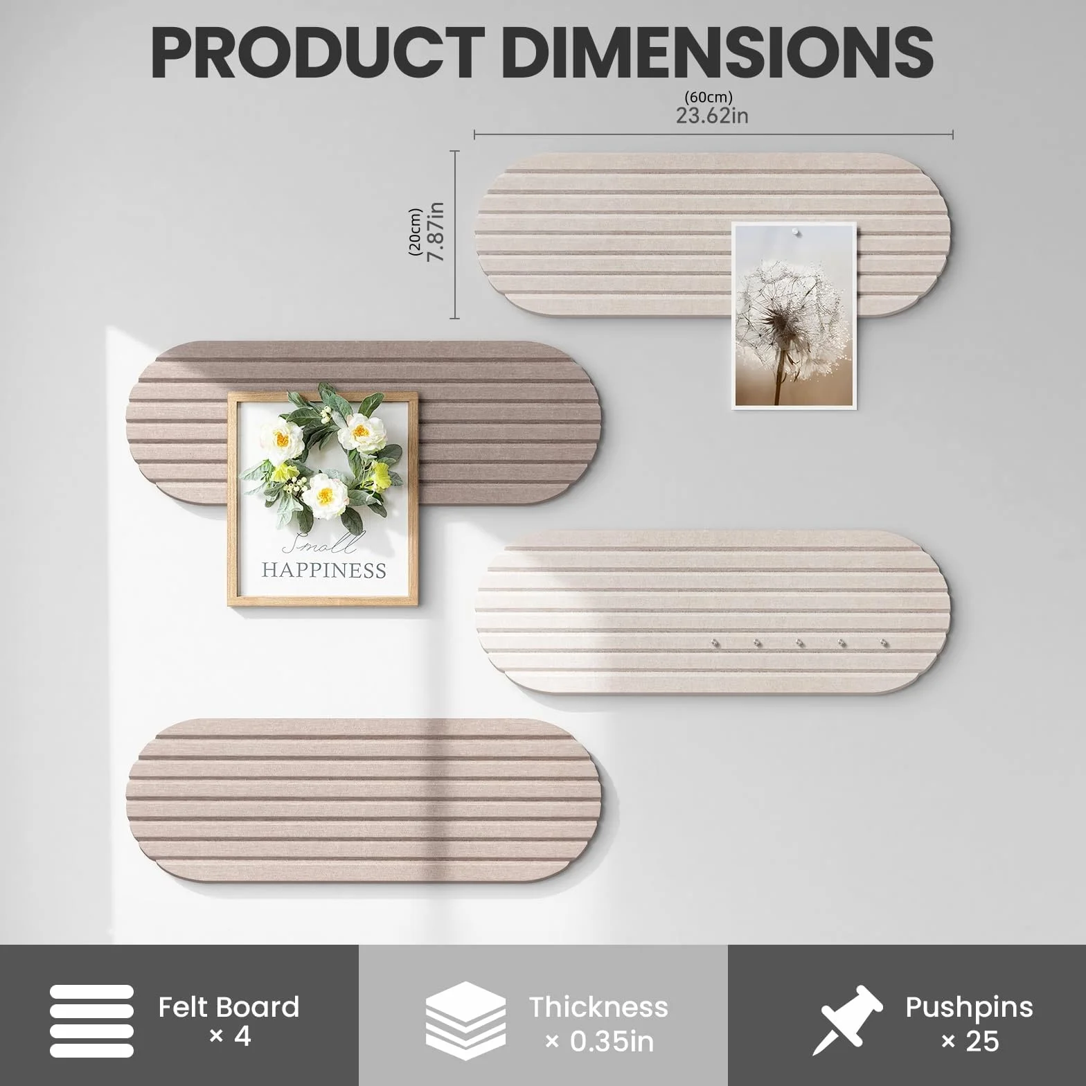 Tablón de anuncios autoadhesivo de fieltro, 4 unidades, 60 x 20 cm, tablón decorativo de fieltro, para habitación infantil, oficina, cocina, color beige