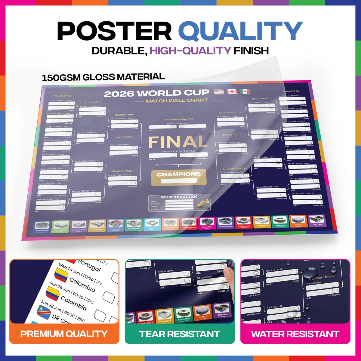 Gráfico de pared de fútbol 2026 con calcomanías de bandera de país y accesorios para partidos, calendario de pared del torneo mundial y planificador de pared para el hogar, oficina y