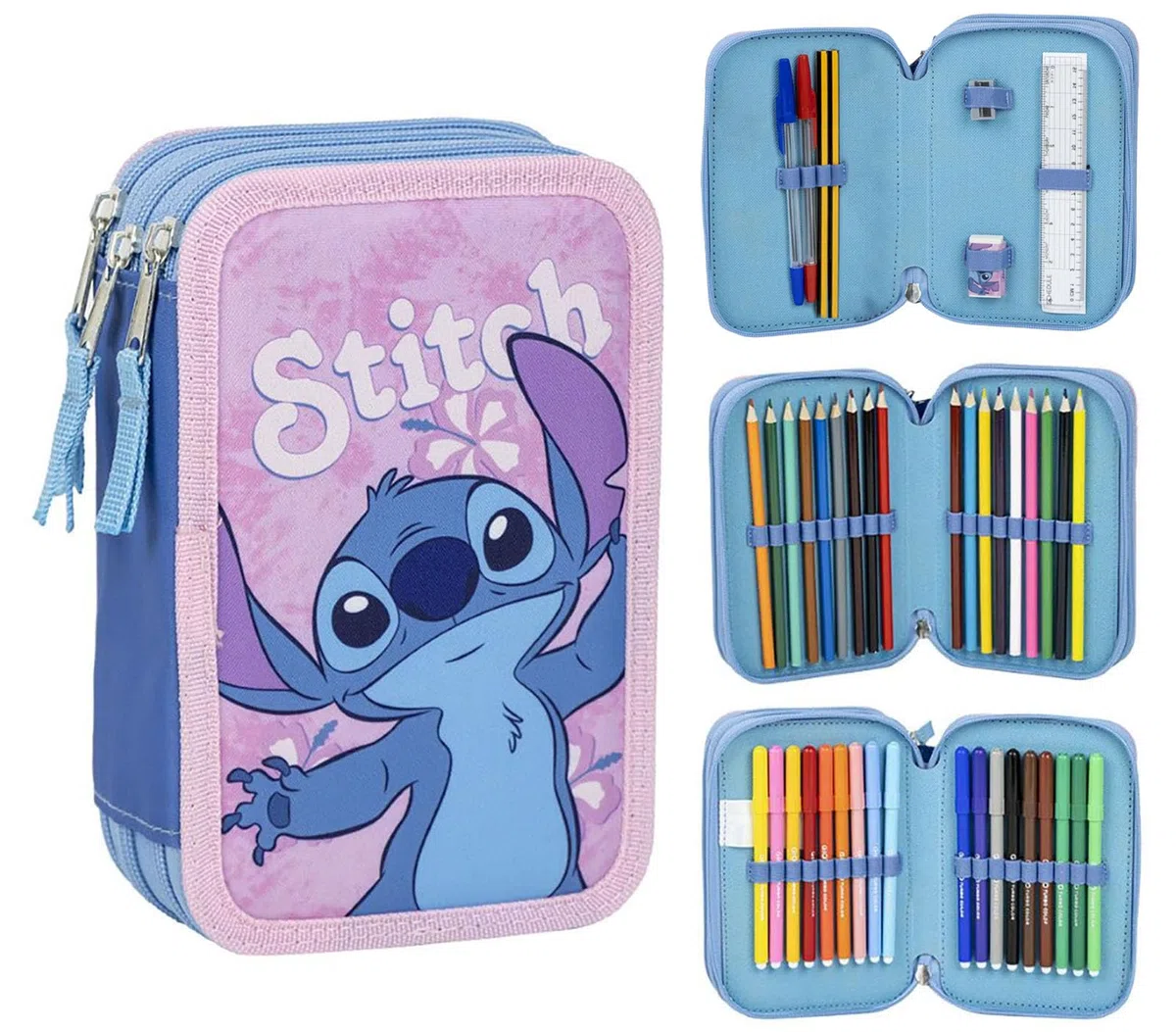Plumier Escolar Triple 44 Piezas – para Stitch Fan – Estuche 3 Cremalleras Azul con Lápices, Rotuladores y Accesorios – Idea Regalo Niña – Gadget Oficial