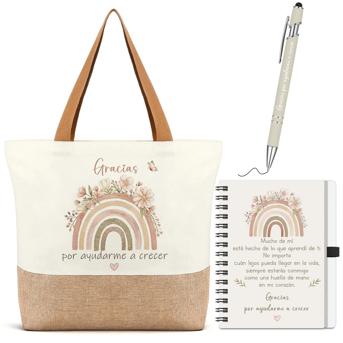 Hestya 3 Piezas Regalo de Agradecimiento para Maestras, Bolso de Tela, Cuaderno y Bolígrafo, Regalo para Profesora en Final del Semestre, Fin de Curso, Graduación, Cumpleaños y Navidad (Arcoíris)