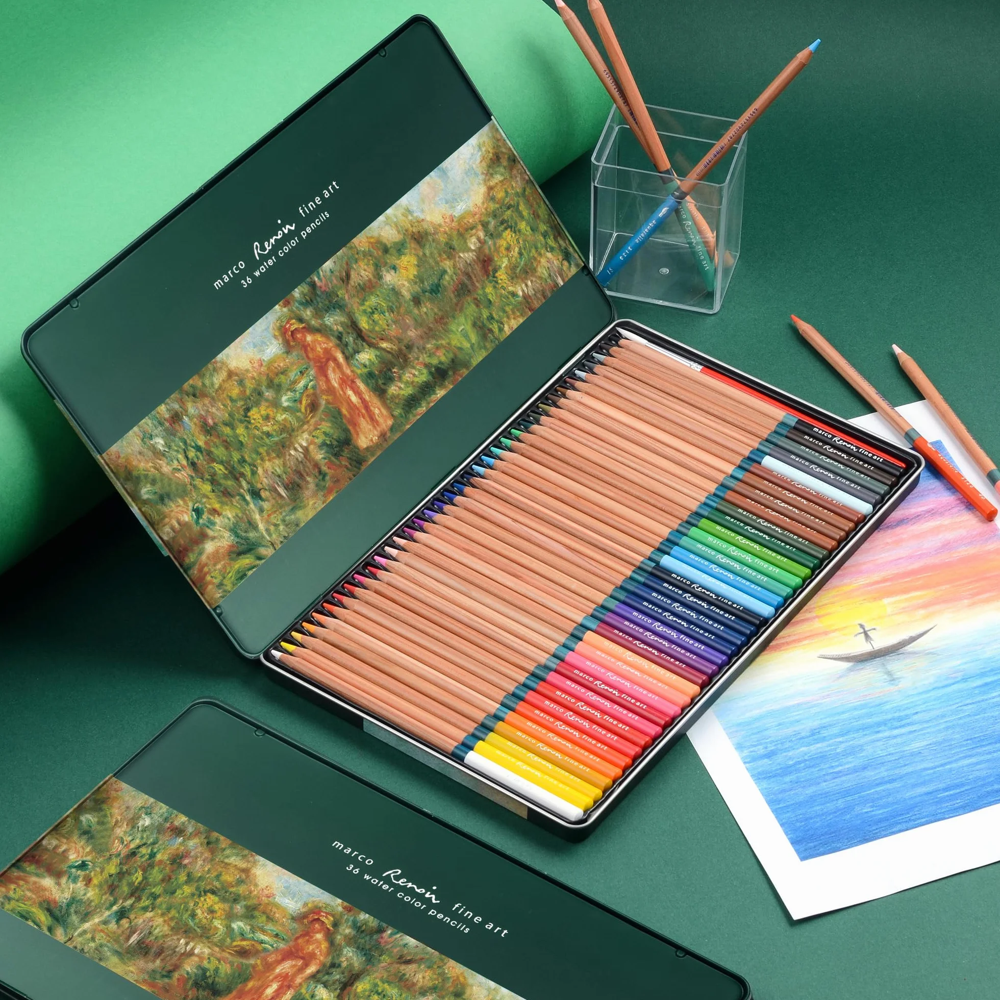 Marco Serie 3120 36 Colores Lápices de Colores de Alta Calidad Solubles en Agua con Pincel, en Caja de Hierro - Ideal para Estudiantes de Arte y Profesionales