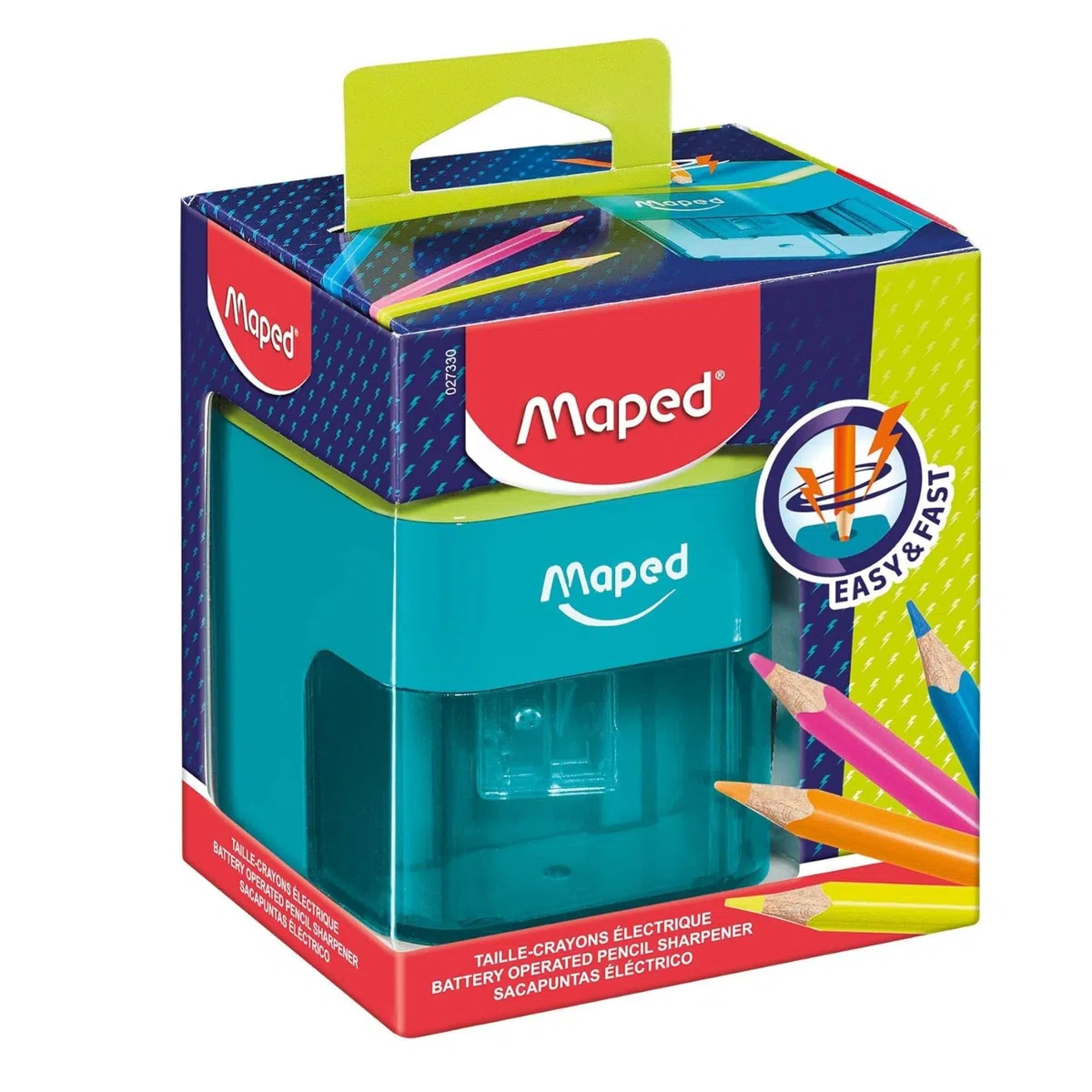 Maped - Material Escolar - Sacapuntas Eléctrico Turbo Twist 2.0 - Compacto y Estable - 1 Orificio para Afilar - Funciona con 4 Pilas - Rápido y Fácil de Usar