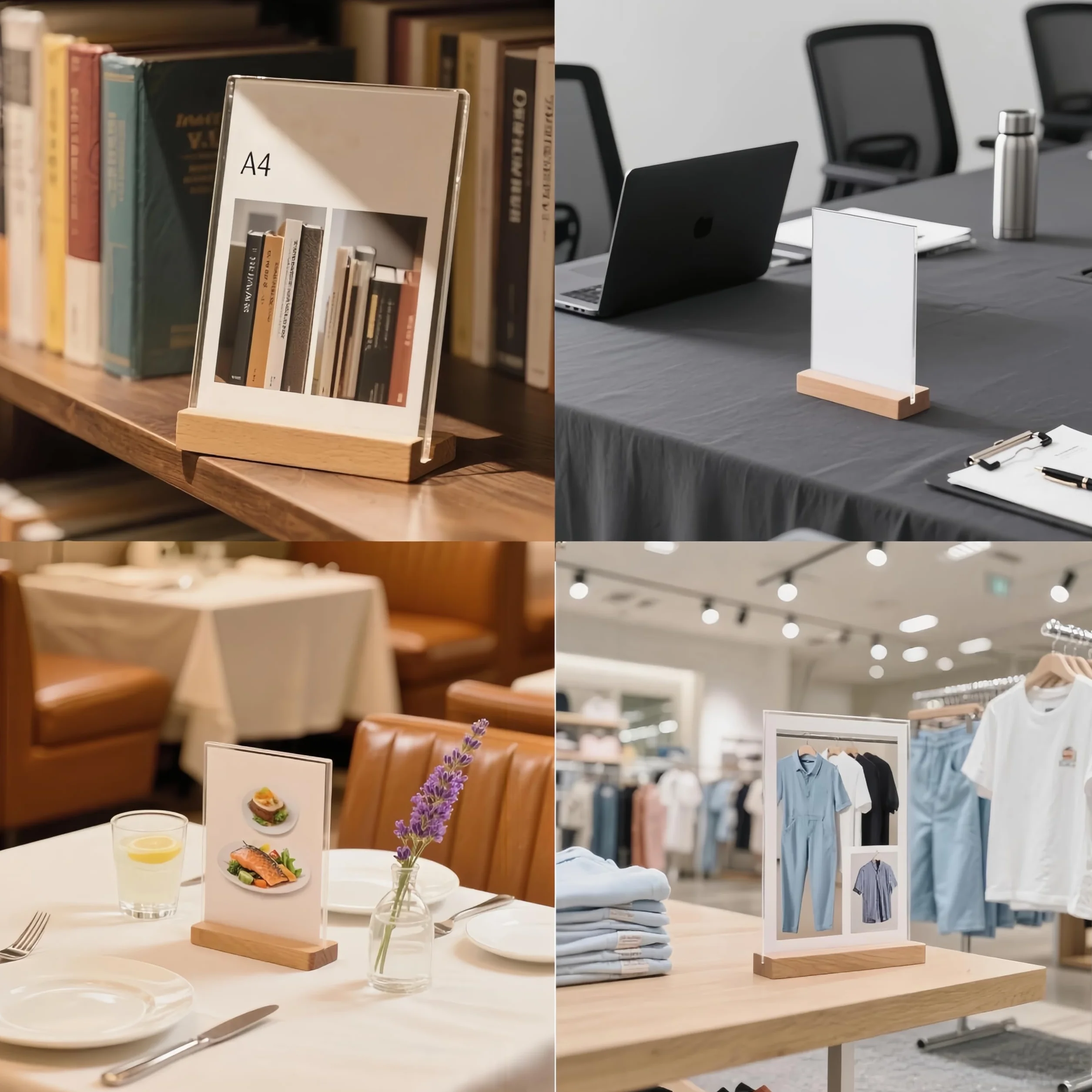 Expositores de mesa A6 transparentes acrílico con base de madera soporte vertical en L doble cara para tarjetas de menú
