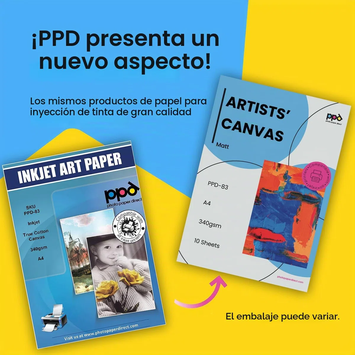 PPD Inkjet - A4 x 10 Hojas de Papel Fotográfico de Lienzo Canvas Imprimible 340 g/m² - 100% Algodón - Lienzo de Arte Personalizable - Para Todas Impresoras de Inyección de Tinta - PPD-83-10