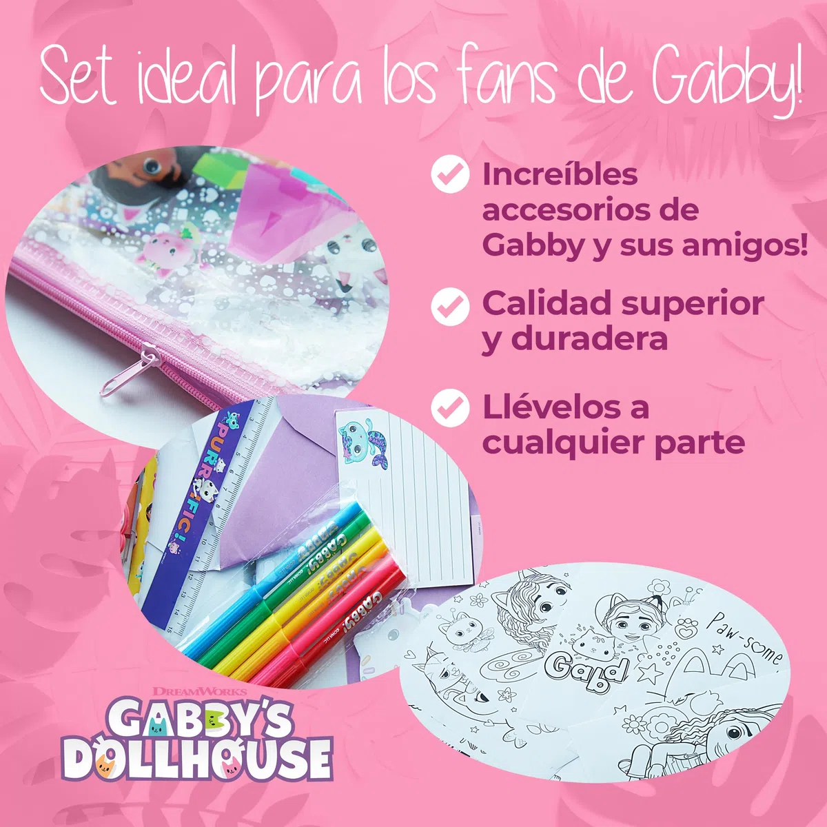Gabby's Dollhouse - Pack de Papelería y Material Escolar Gabby Dollhouse - Pegatinas, Estuche para Niña y Regalo Ideal