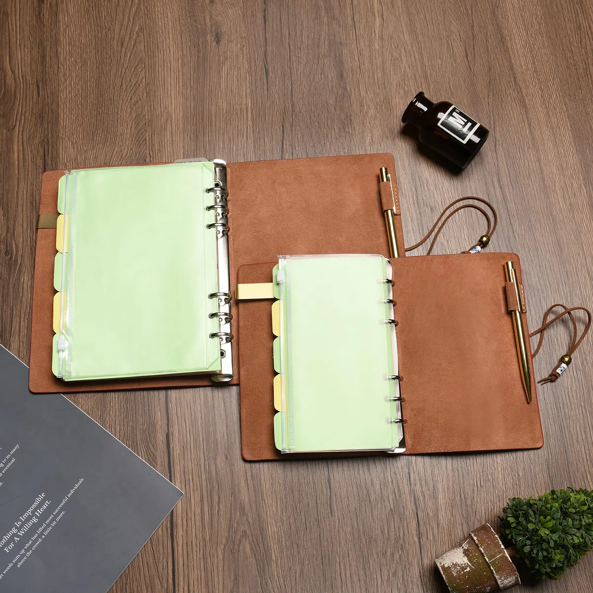 Wonderpool Carpeta de anillas de cuero para diario, cuaderno de papel recargable con forro de escritura, 6 anillos con blocs de notas para viajes de oficina y agenda de planes (a-Marrónrosa, A6)
