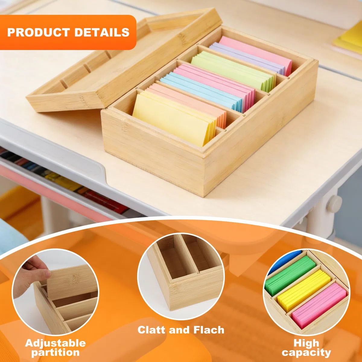 A7 Caja para Tarjetas Maderas, 22x12,6x9cm Caja Vocabulario Maderas con Tapa Organizador de Tarjeta con 4 Tabiques Ajustables Box de Tarjeta Aprendizaje para Oficina, Escuela (Tarjetas no Incluida)