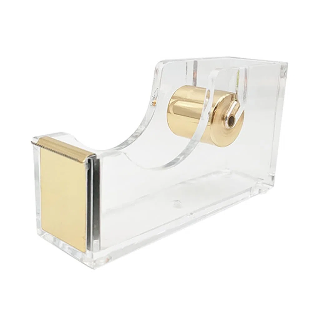Dispensador de cinta acrílica, soporte transparente antideslizante para rollo de cinta de escritorio para artes, escuela, hogar y oficina [dorado]