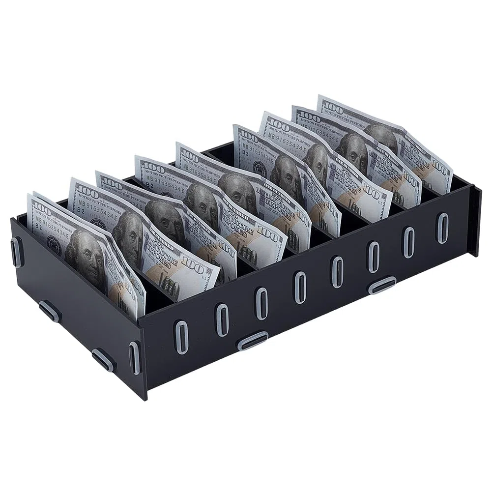 UNICRAFTALE Organizador de billetes con 8 compartimentos para dinero en efectivo, acceso rápido, caja de dinero, caja de dinero de plástico negro, organizador de billetes modular para el hogar, la