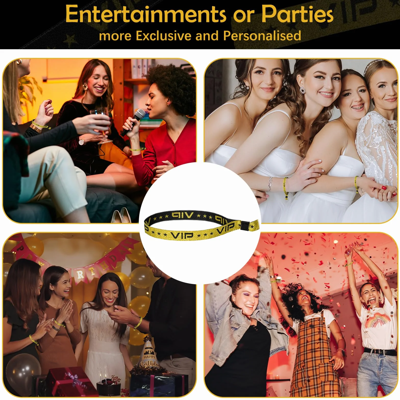 JIANTA 60 VIP Pulsera Tela Admisión, Personalizadas Fiesta Cintas Identificativas de Oro Negro para Conciertos, Exposición, Eventos, Club