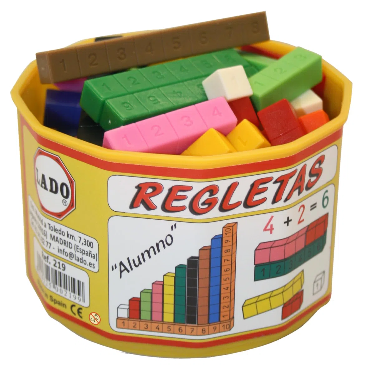 Regletas LADO Bote con 52 Pzs. Cuisenaire Fraccionadas y numeradas