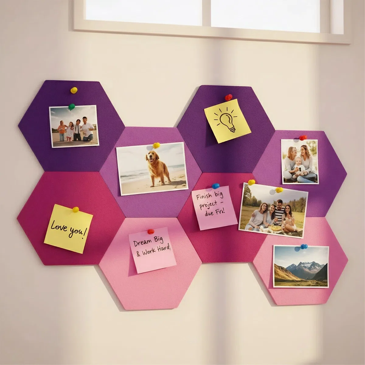8 tablones de anuncios hexagonales de fieltro, 25 x 21 x 0,6 cm, hexagonales, autoadhesivos, tablones de anuncios, tablones de anuncios, tablones de anuncios, decoración de pared, pizarras de fieltro