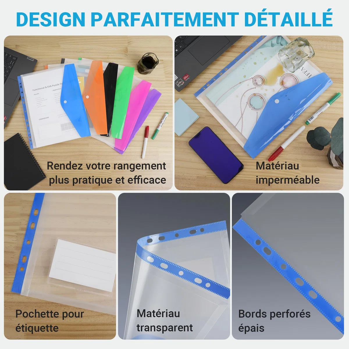 Elalove 12 Fundas Transparentes A4 Multitaladro - Fundas de Plástico A4 con 6 Colores, Impermeables y Duraderas para Organizar Documentos en Oficina, Escuela o Hogar (24.5x31 cm)