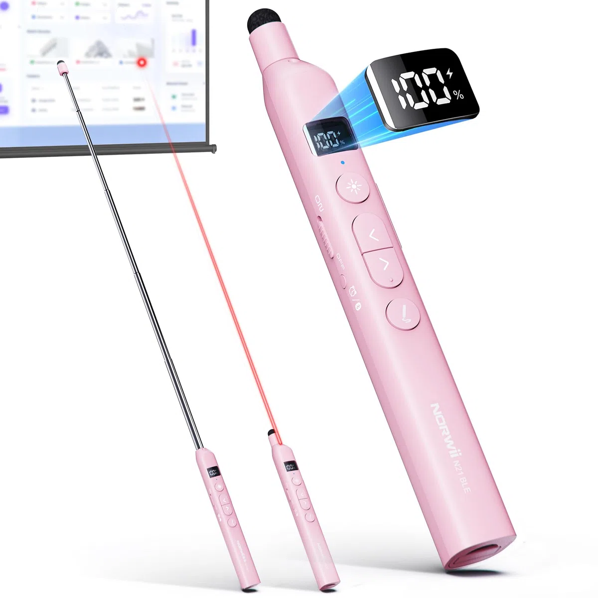Norwii N21 Puntero de Presentación Bluetooth con Puntero Didáctico Telescópico, Control Remoto de Presentación con Varilla Retráctil para PowerPoint, Presentador Inalámbrico, Avanzador de Diapositivas