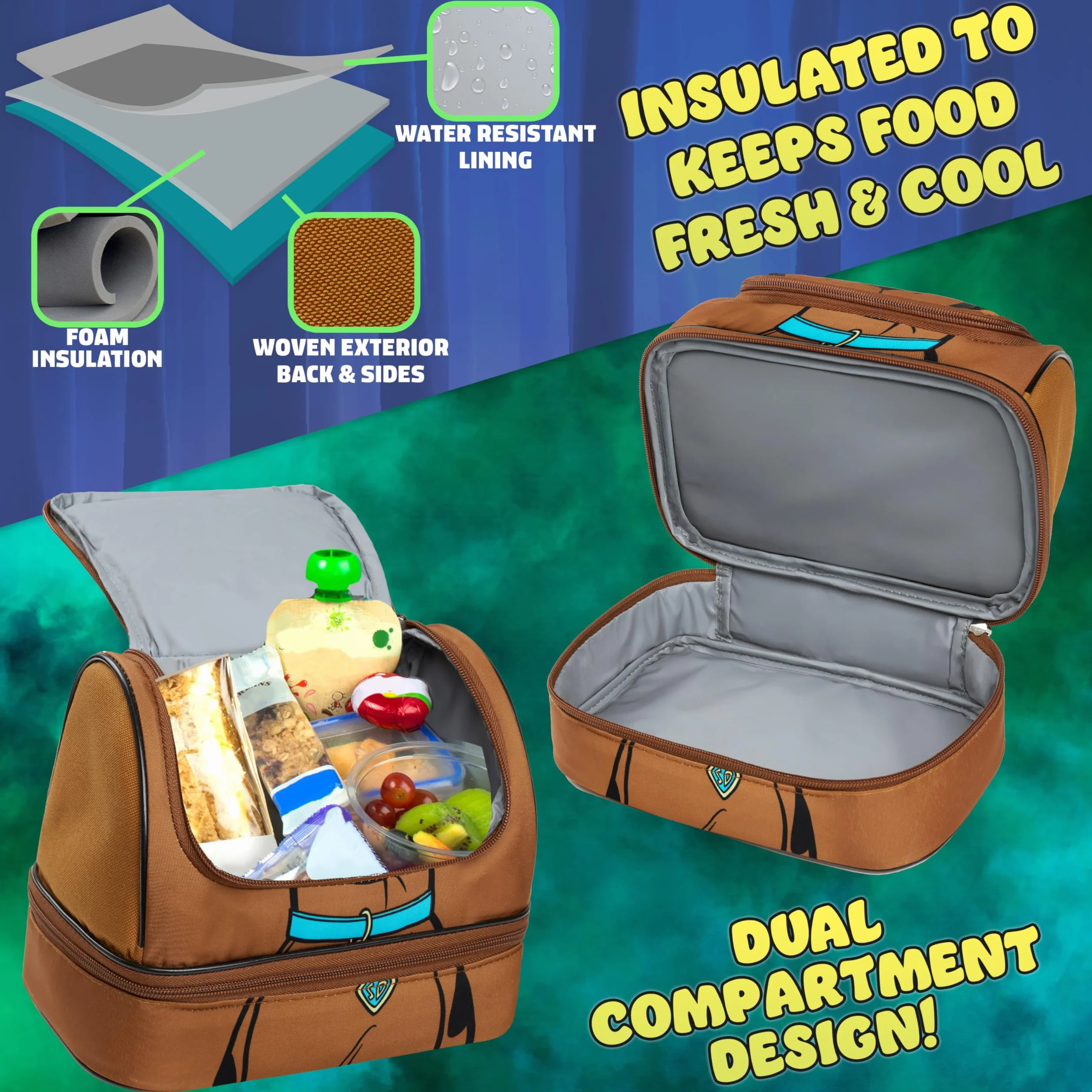 Get Trend Scooby Doo Bolsa Termica Porta Alimentos Infantil Bolsa Almuerzo con Compartimentos Nevera Bolso para Escuela Picnic Viajar (Marrón Scooby Doo)