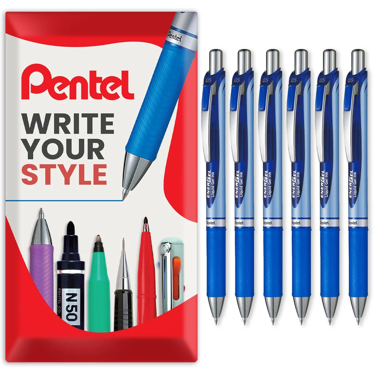 Bolígrafo retráctil de gel de tinta Energel BLN75 de Pentel, 0,5 mm, 54 % reciclado (paquete azul de 6)