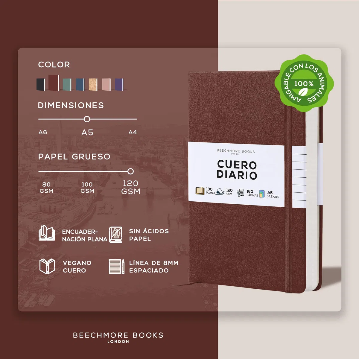 Beechmore Books Cuaderno Rayado - A5, Marrón I Libreta Tapa Dura Cuero Vegano, Papel Grueso 120gsm Crema Rayado, Caja de Regalo, para Escritores, Diaristas, Reuniones de Negocios y Estudiantes