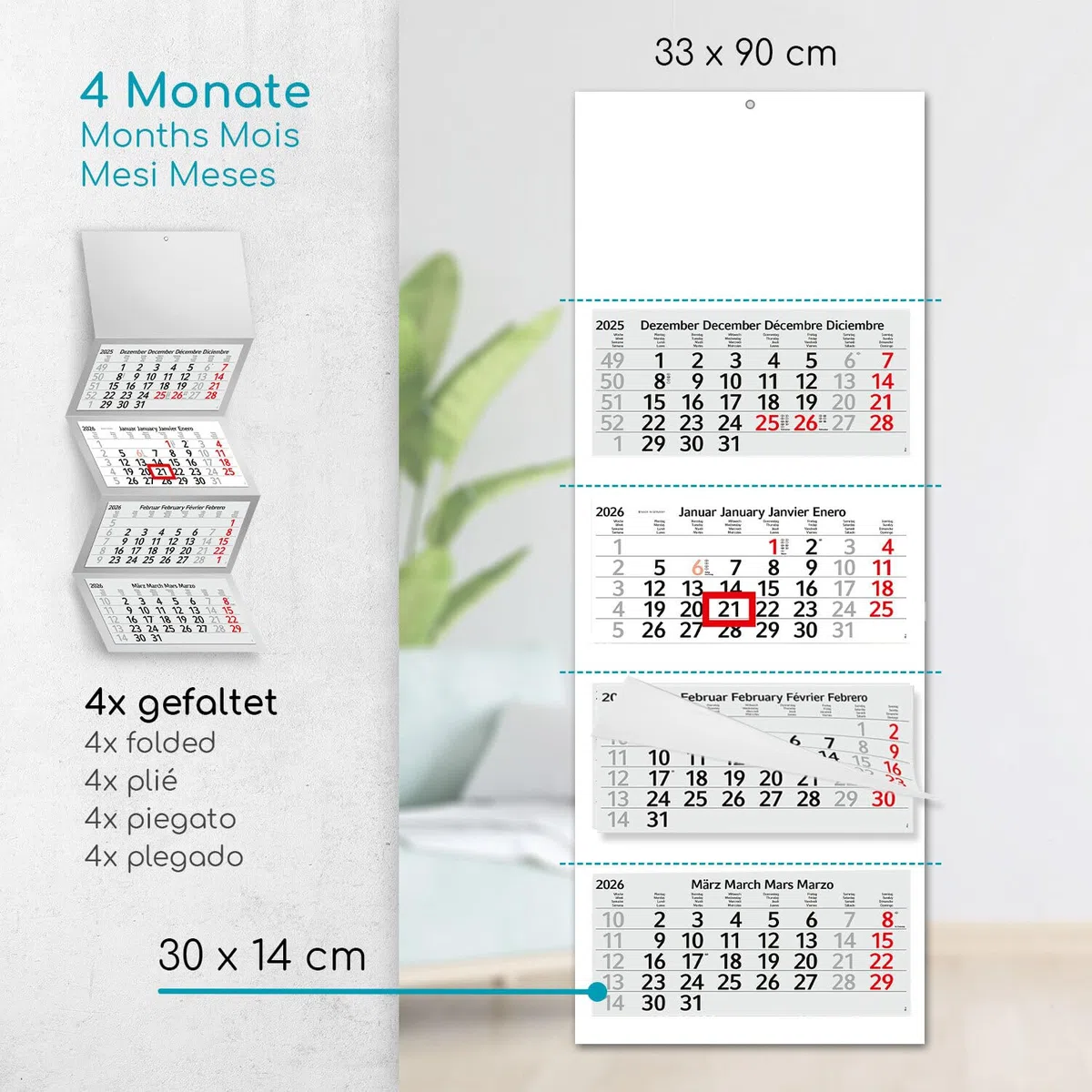 Timr Calendario de pared 4 meses 2026 - Calendario 4 meses con deslizador - 90 cm Calendario de cuatro meses multilingüe D/GB/F/ES I Motivo Auroras boreales I tr318