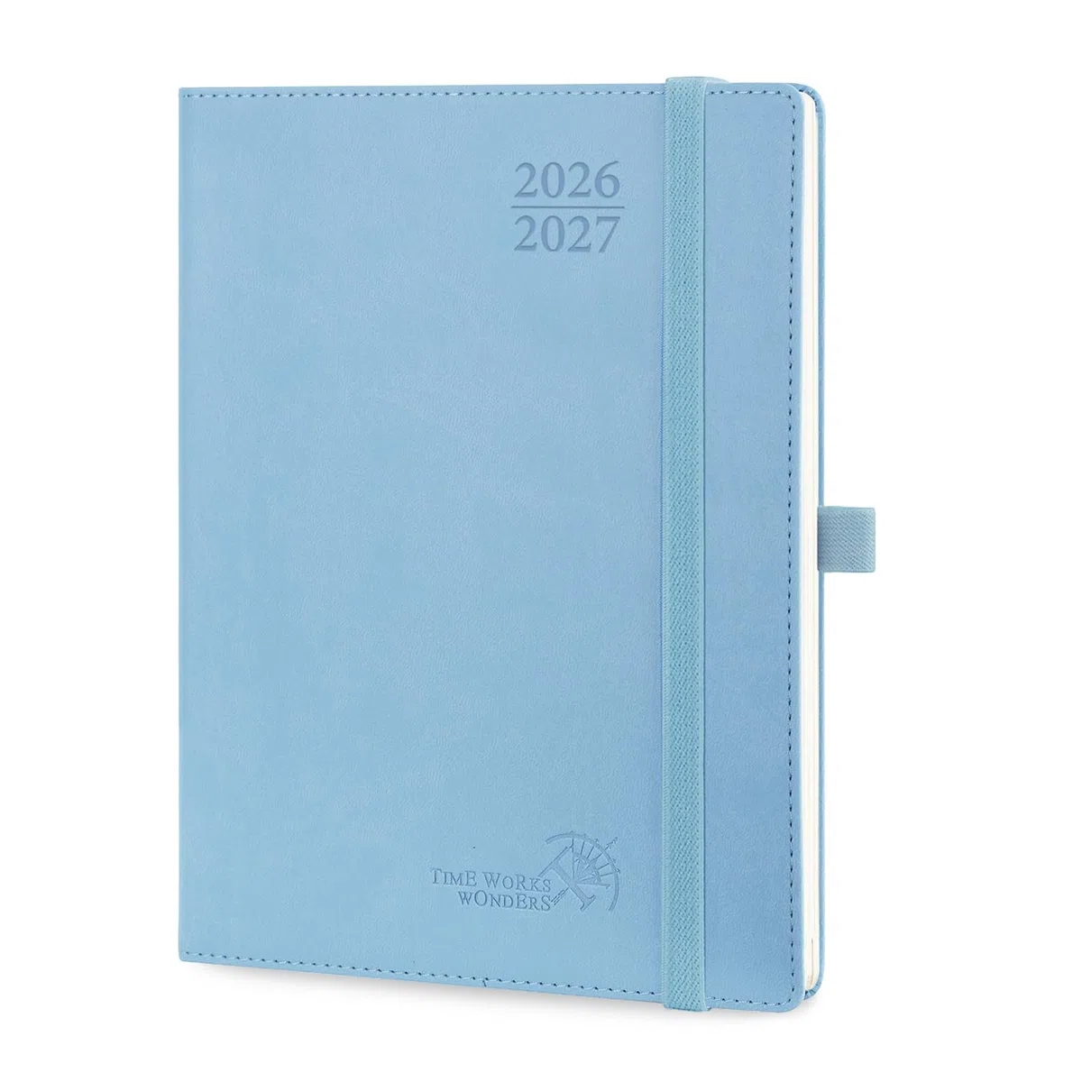POPRUN Agenda 2026 2027 Semana Vista 22,5 x 16,5 cm, Semanal 17 Meses de Ago.2026 a Dic.2027, Tapa Blanda en Cuero Vegano, Porta Boligrafos Autoadhesivo, 80 GSM Papel, Azul