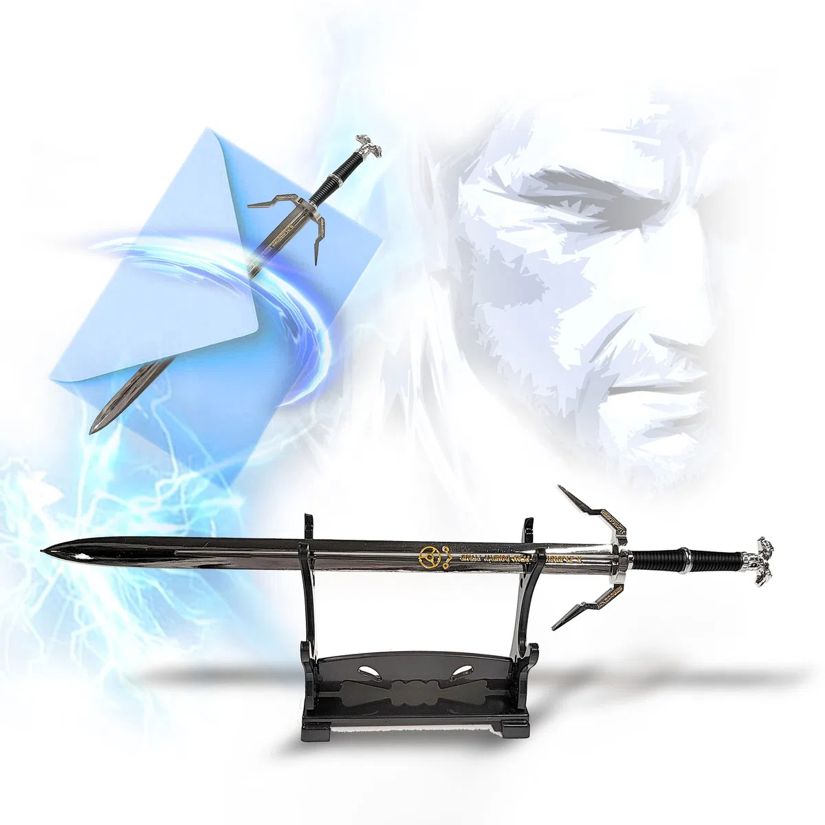 Espada de Witcher - Geralt of Rivia Espada plateada Abrecartas con soporte Espada en miniatura Espada plateada Videojuego Regalo para fanáticos