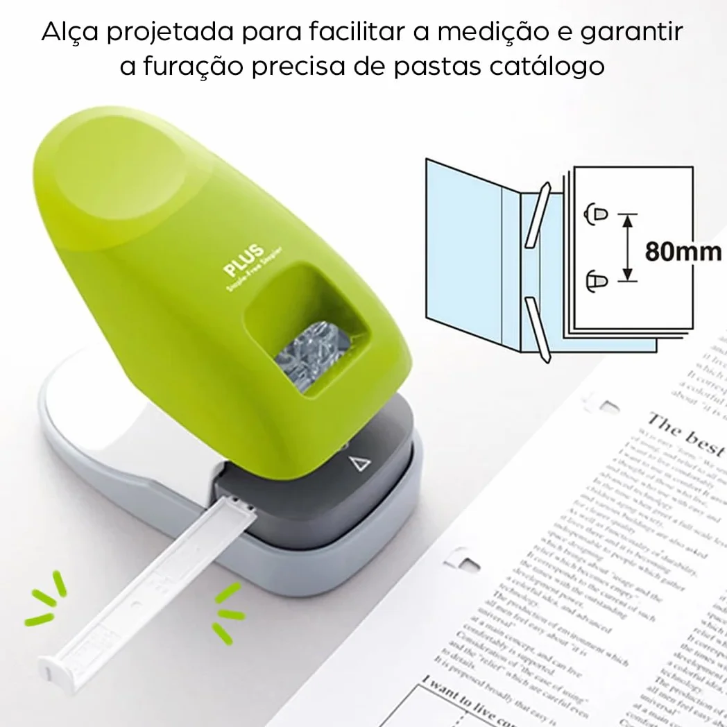 PLUS, Grapadora sin grapas para escritorio, capacidad de 10 hojas, con guía, función de grapado y perforación, color negro