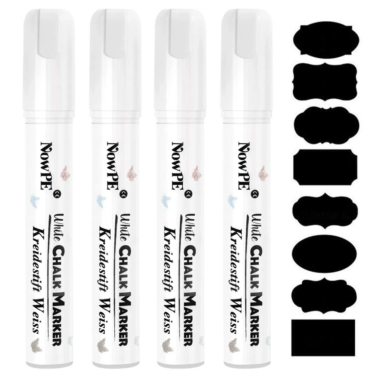 Rotulador Tiza Liquida Blanca, NowPE 4 Piezas 10mm Rotuladores de Líquida Blanco + 16 Pizarra Reutilizable Etiquetas, Tizas Punta Grueso 10mm, Borrado con Seco y Húmedo para Cristal, Ventana o Pizarra