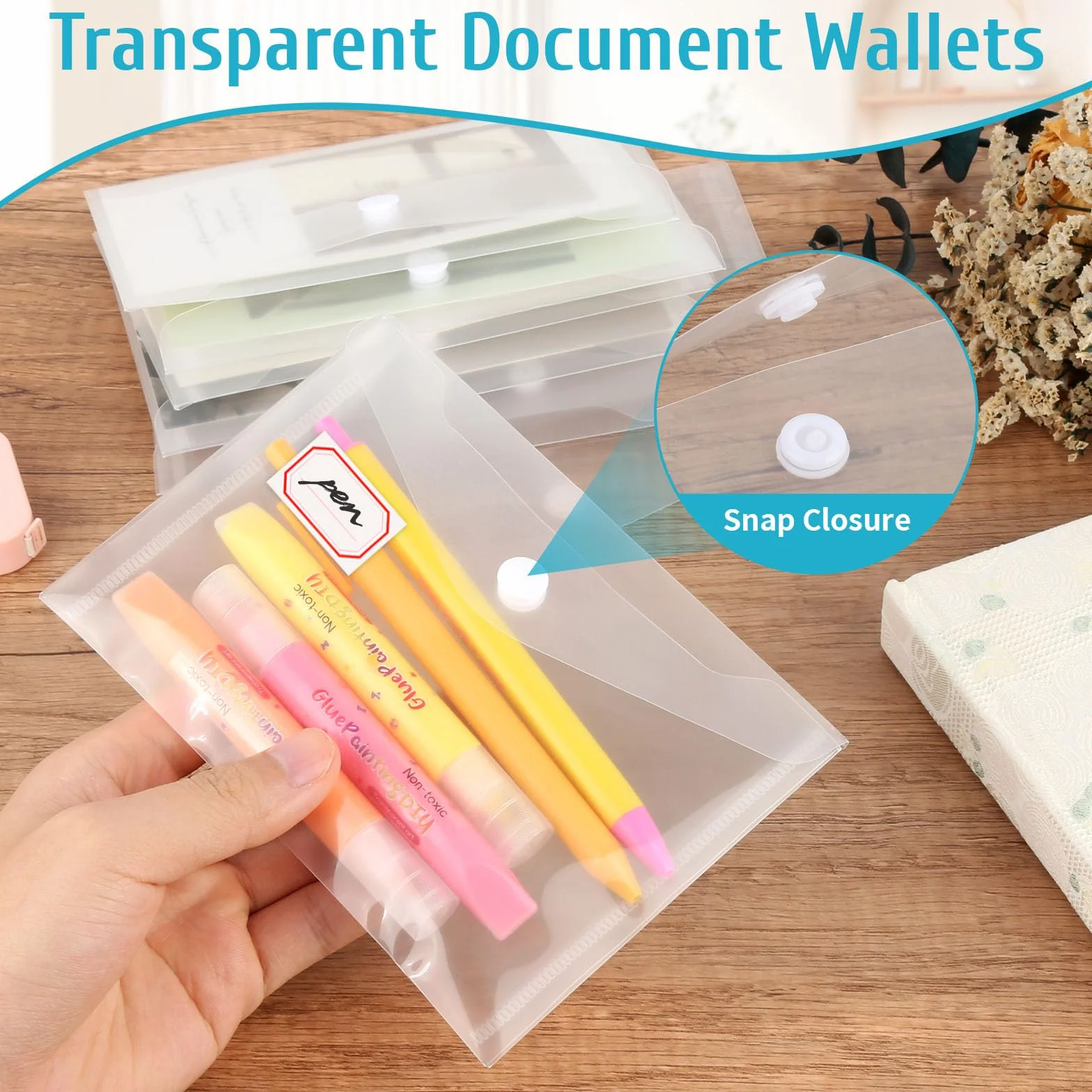 30 bolsas de plástico transparente tamaño A4, 16 x 11,5 cm, impermeables, con bolsillo para etiqueta y botón a presión, para el hogar, la oficina y la escuela