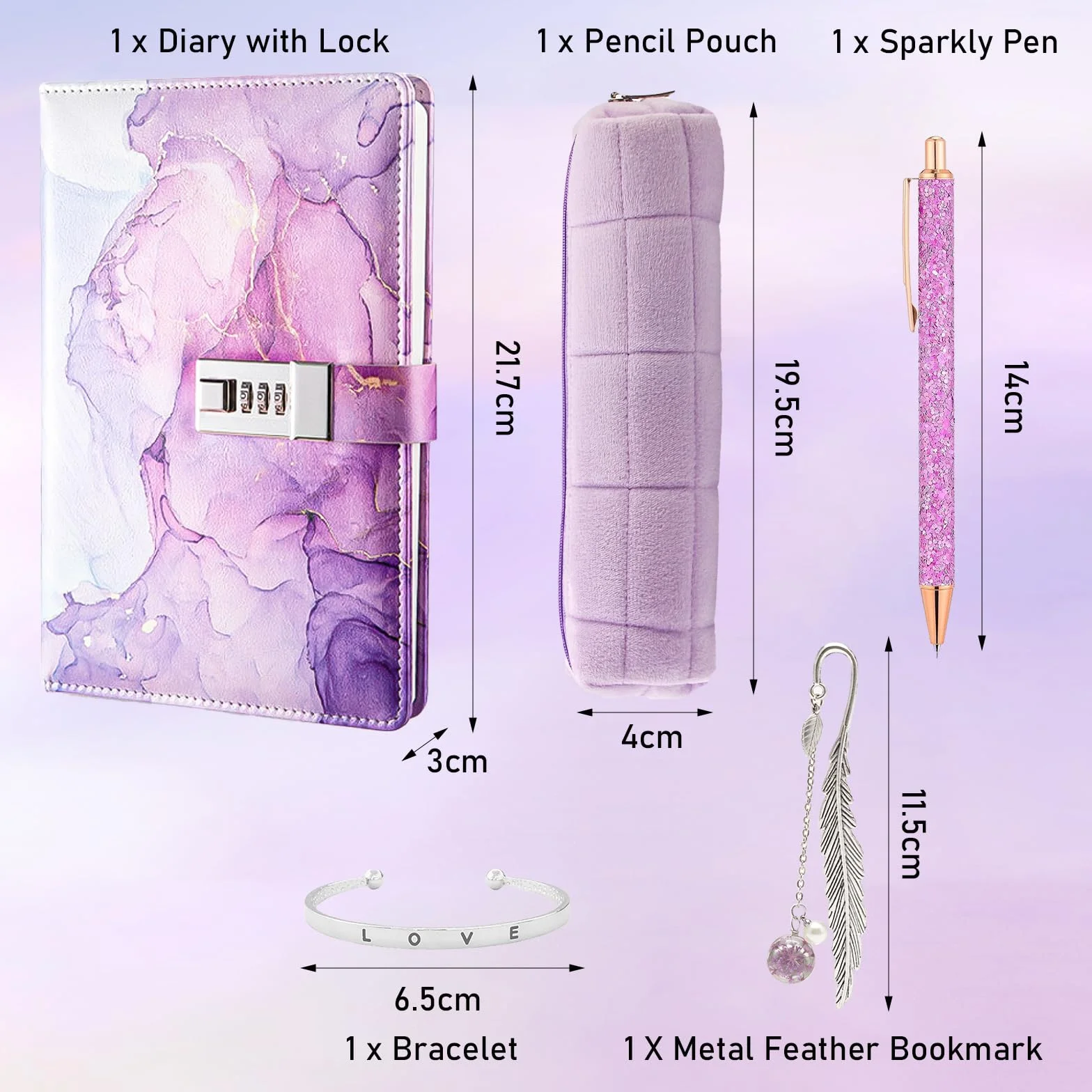 TNSLAND Juego de Papelería Morado, Agenda con Cierre Regalo de Entrada con Marcapáginas Caja de Papelería Bolígrafo Pulsera, Regalos para Niñas de 7 8 9 10 11 12 13 14 Años