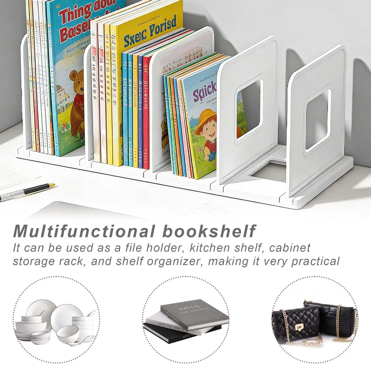 Sujetalibros Estanteria,Organizador de Archivos de Escritorio,Sujeta Libros,Separador de Libros,Revistero para catálogo,Revistero con 4 compartimentos,Revistero plegable de plástico (Blanco)