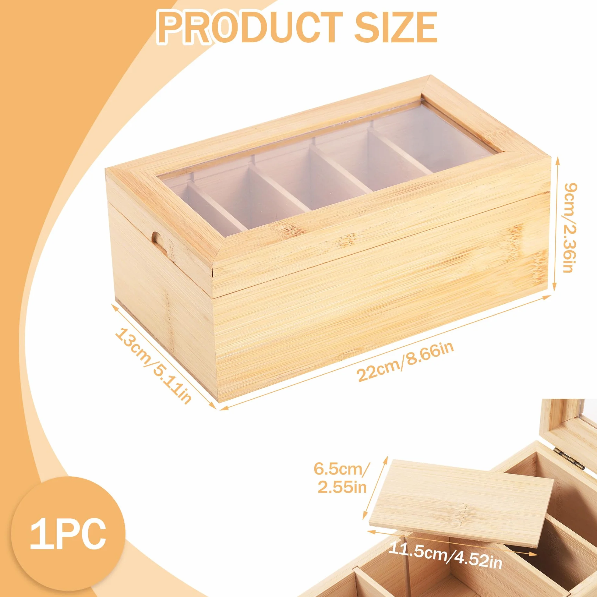 Organizador de Tarjetas de Madera con 5 Compartimentos y Tapa Transparente - Caja para Fichas A8 Extraíble (22x13x9 cm) para Oficina, Escuela, Hogar
