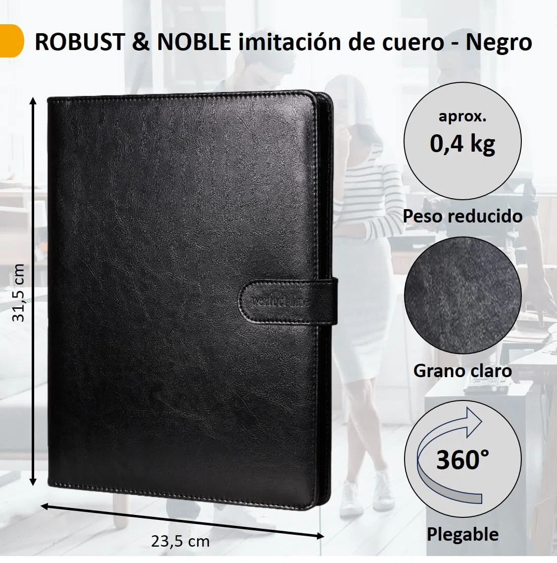 perfect line - Funda con soporte para bloque A4 de piel sintética, bolsa de documentos negra, conferenciante con cierre magnético, conferenciante con 4 compartimentos y abrazadera, ideal como agenda