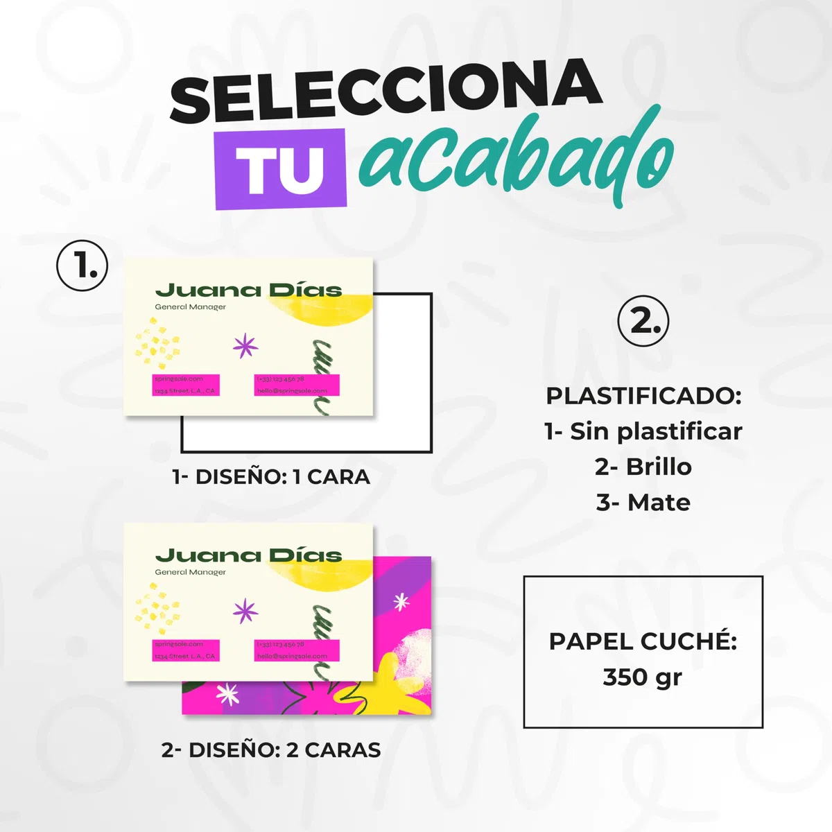 Tarjetas de Visita y Presentación Personalizadas en Cartulina 350 gr – Impresión a Todo Color con Logo y Textos – Acabado Plástificado disponible en Brillo o Mate – Para Empresas, Autónomos y Pymes